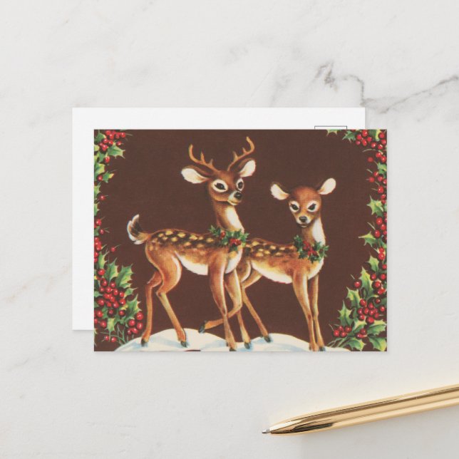 festive retro vintage Christmas reindeer Postcard (Front/Back In Situ)