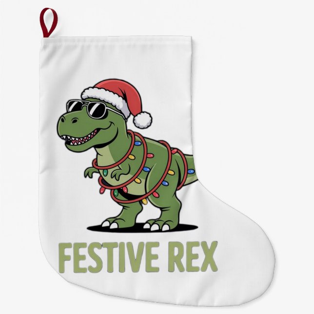 Festive Rex Dinosaur Holiday Cheer  Large Christmas Stocking (Front)