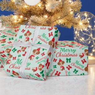 Festive Ribbons Cute Dogs Christmas Light Green Wrapping Paper