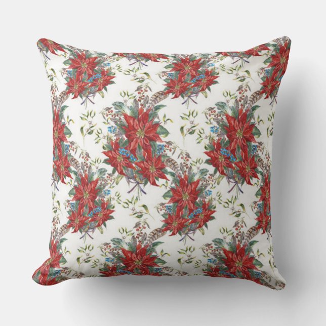 Festive Rich Red Poinsettia Flower Square Pillow (Front)