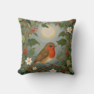 Festive Robin and Holly Throw Pillow