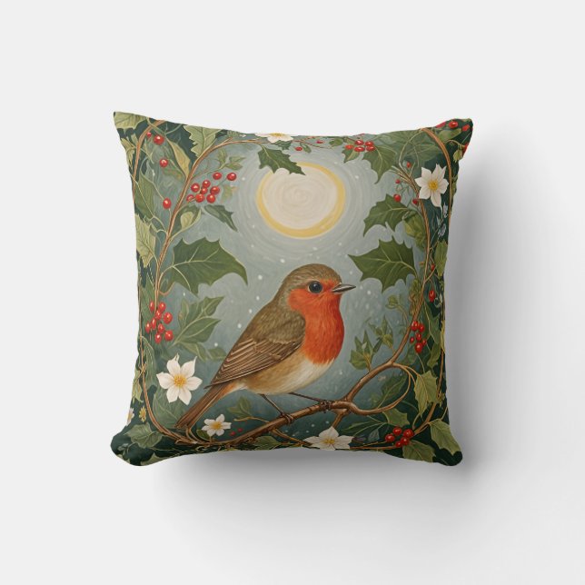 Festive Robin and Holly Throw Pillow (Front)