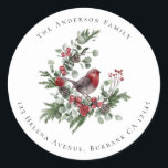 Festive Robin Christmas Floral Return Address   Classic Round Sticker<br><div class="desc">From our Red Robin Christmas collection. **PLEASE READ BEFORE ORDERING** If you make changes to the shape or size or choose another product and the design is cropped in any way or doesn't look right on the page you will need to use the Live Design Service to have someone adjust...</div>