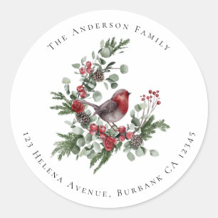 Festive Robin Christmas Floral Return Address   Classic Round Sticker