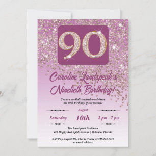 Festive Rose Gold Glitter 90th Birthday Invitation