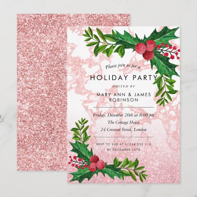 Festive Rose Gold Marble Glitter Holiday Party Invitation (Front/Back)