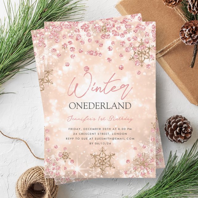 Festive Rose Gold Winter ONEDERLAND 1st Birthday Invitation (Festive Rose Gold Winter ONEDERLAND 1st Birthday Invitation)