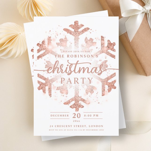 Festive Rose Gold Winter Snowflake Christmas  Invitation (Festive Rose Gold Winter Snowflake Christmas Invitation)