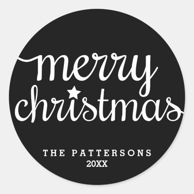 Festive Round Black White Merry Christmas Sticker (Front)