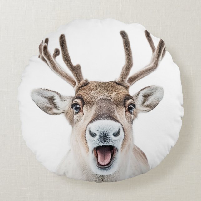 Festive Round Throw Pillow with Silly Reindeer (Front)