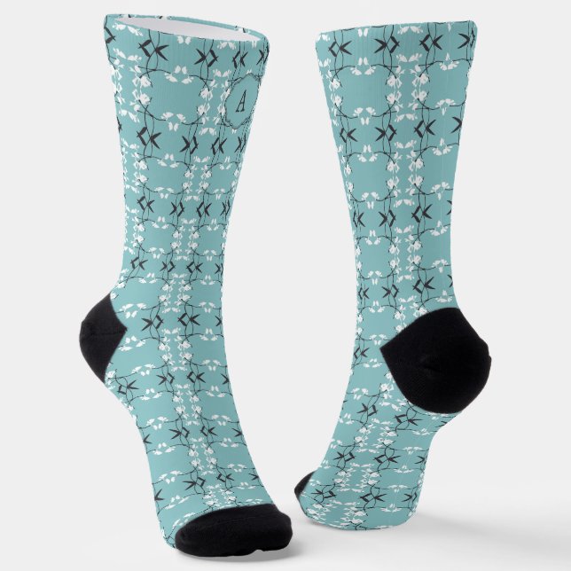 Festive Royal Botanical Robin's Egg Blue Monogram Socks (Angled)