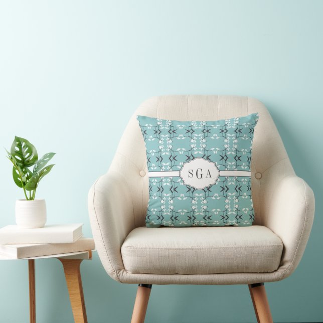 Festive Royal Botanical Robin's Egg Blue Monogram Throw Pillow (Chair)