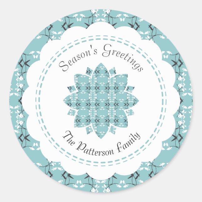 Festive Royal Botanical Robin's Egg Blue Snowflake Classic Round Sticker (Front)