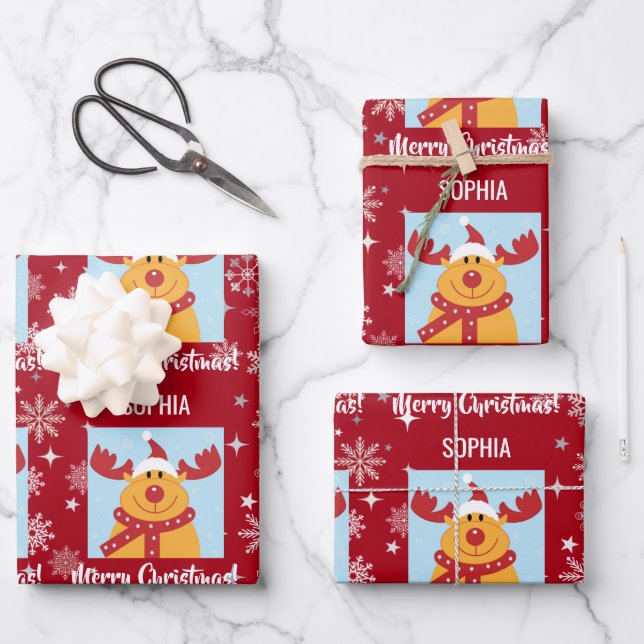 Festive Rudolph Reindeer Snow Personalized Xmas Wrapping Paper Sheet (Front)