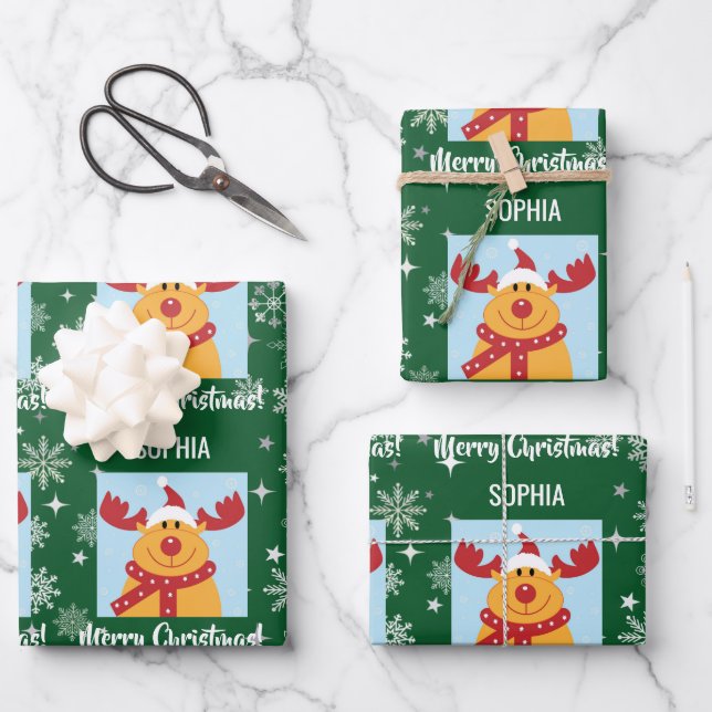 Festive Rudolph Reindeer Snow Personalized Xmas Wrapping Paper Sheet (Front)