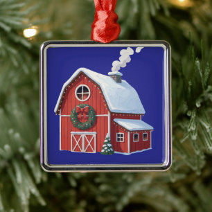 Festive Rustic Farmhouse Snowy Red Barn Christmas Metal Ornament