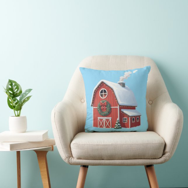 Festive Rustic Farmhouse Snowy Red Barn Christmas Throw Pillow (Chair)