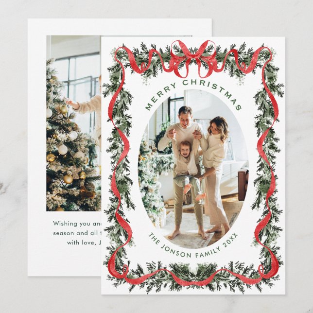 Festive Sage Green Christmas Bow Ribbon 2 Photo Ho Holiday Card (Front/Back)