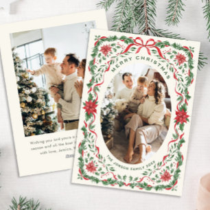 Festive Sage Green Christmas Bow Ribbon 2 Photo Holiday Card