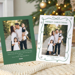 Festive Sage Green Christmas Bow Ribbon 2 Photo Holiday Card