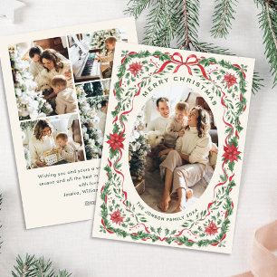 Festive Sage Green Christmas Bow Ribbon 5 Photo Holiday Card