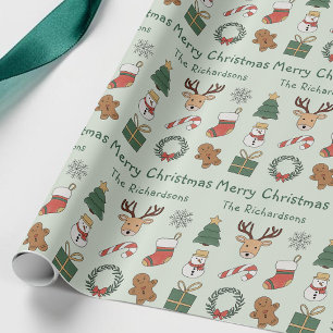Festive Sage Green Merry Christmas Holiday Pattern Wrapping Paper