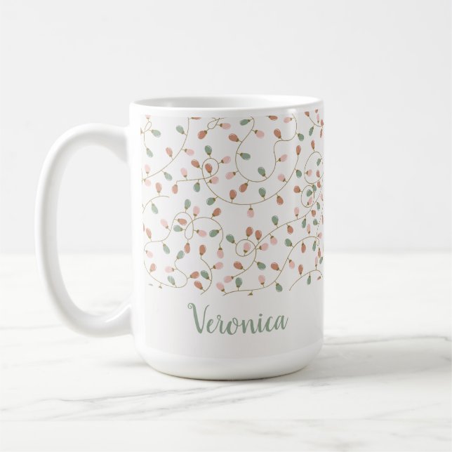 Festive Sage Green Minimal Christmas Lights Name Coffee Mug (Left)