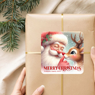 Festive Santa and Rudolph Personalized Holiday Square Sticker