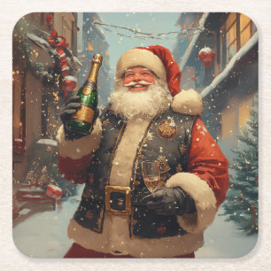 Festive Santa Celebrating with Champagne Square Paper Coaster