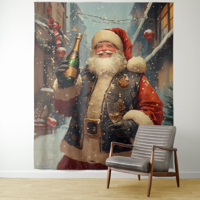 Festive Santa Celebrating with Champagne Tapestry (In Situ)
