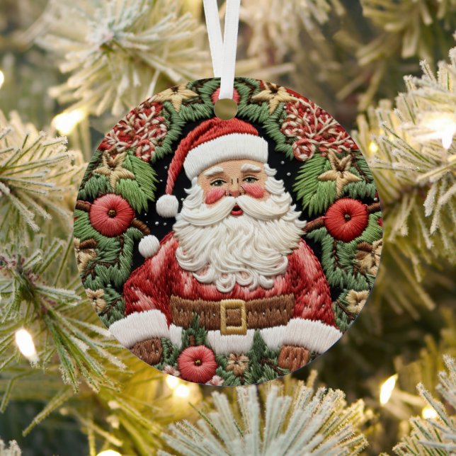 Festive Santa Christmas Holidays Faux Embroidered Metal Ornament (Insitu)