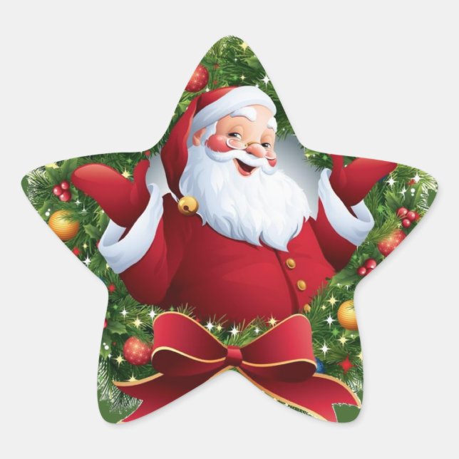 Festive Santa Claus Christmas Wreath Star Sticker (Front)