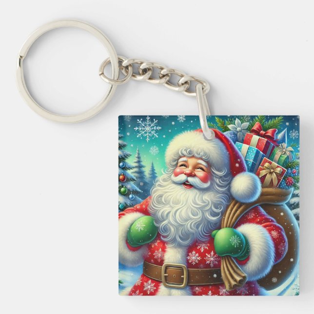 Festive Santa Claus Holding a Gift Sack Keychain (Front)
