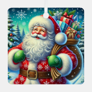 Festive Santa Claus Holding a Gift Sack Metal Ornament