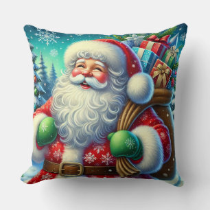 Festive Santa Claus Holding a Gift Sack Throw Pillow
