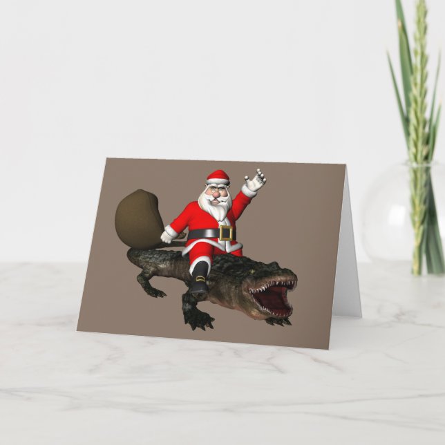 Festive Santa Claus Riding An Alligator Holiday Card (Front)