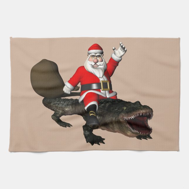 Festive Santa Claus Riding An Alligator Kitchen Towel (Horizontal)