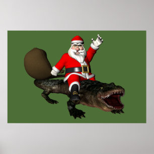 Festive Santa Claus Riding An Alligator Poster