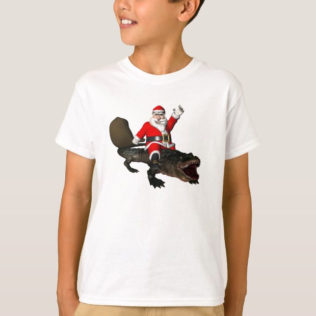 Festive Santa Claus Riding An Alligator T-Shirt (Front)