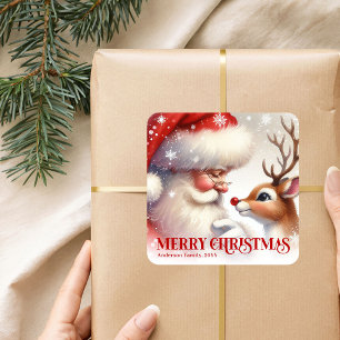 Festive Santa Claus Rudolph Personalized Kids Gift Square Sticker