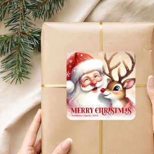 Festive Santa Claus Rudolph Personalized Kids Gift Square Sticker