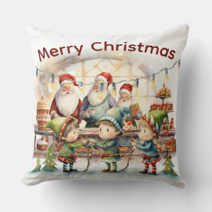 Festive Santa & Elf Holiday Decor Throw Pillow