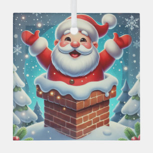 Festive Santa Emerging from Chimney Glass Ornament