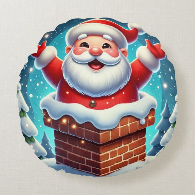 Festive Santa Emerging from Chimney Round Pillow (Front)