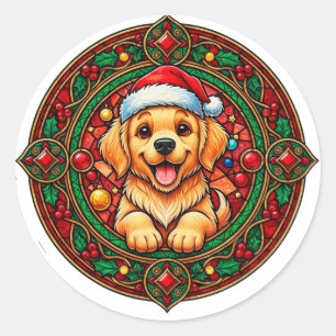 Festive Santa Hat Dog Cartoon Classic Round Sticker