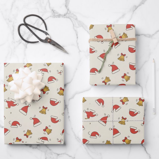 Festive Santa Hat & Jingle Bell Pattern Wrapping Paper Sheet (Front)
