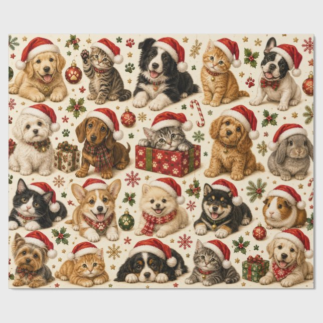 Festive Santa Hat Pets Pattern Wrapping Paper (Flat)