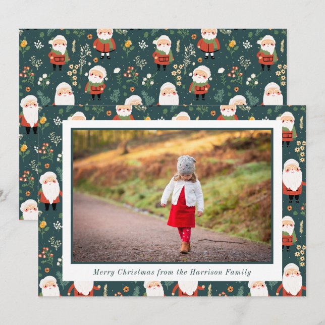 Festive Santa Pattern Christmas Photo Holiday Card (Front/Back)