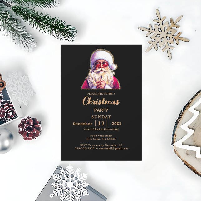 Festive santa with glasses Black Christmas Party  Invitation (santa with glasses Black Christmas Party Invitation)