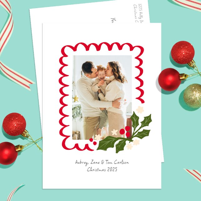 Festive Scallop Frame with Holly Photo Holiday (red scallops frame a personal picture on this festive holly themed Christmas photo postcard)